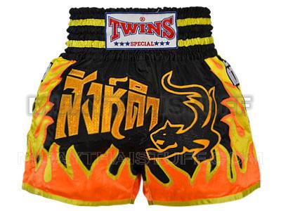 Muay Thai trenky TWINS (Muaythai Shorts Black Tiger with Orange Fire) [TWN-S010]